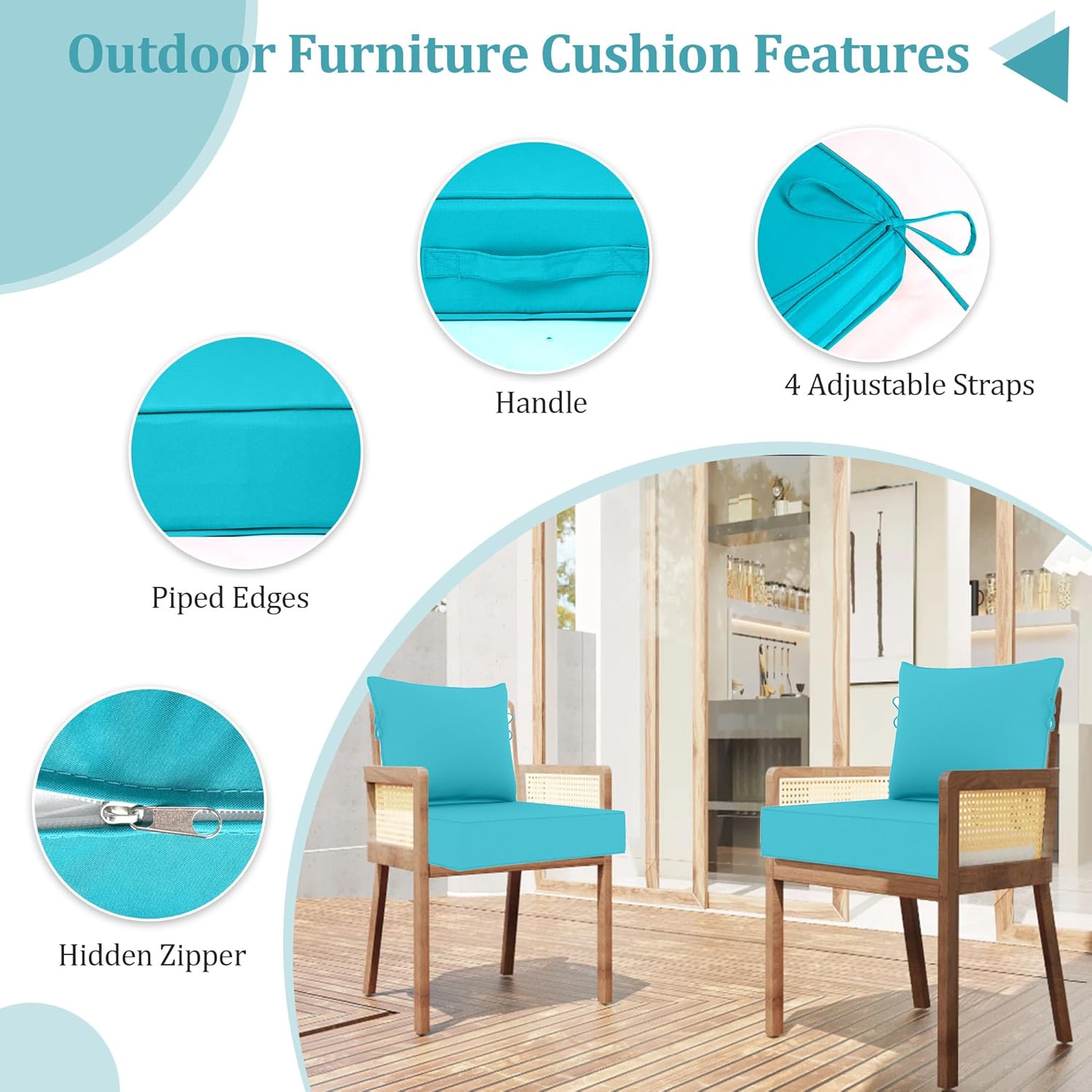 Outdoor Chair Cushion, 24 x 24 Inch Waterproof Deep Seat Patio Cushions Set of 2, Loveseat Cushions for Outdoor Furniture, 4 Thick Patio Furniture Cushion with Handle Straps, Lake Blue